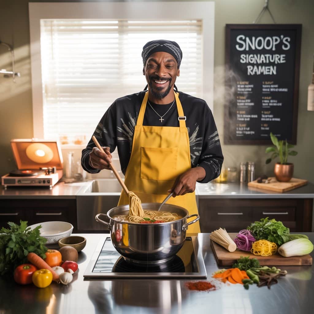 Snoop Dogg preparing his famous ramen recipe in kitchen