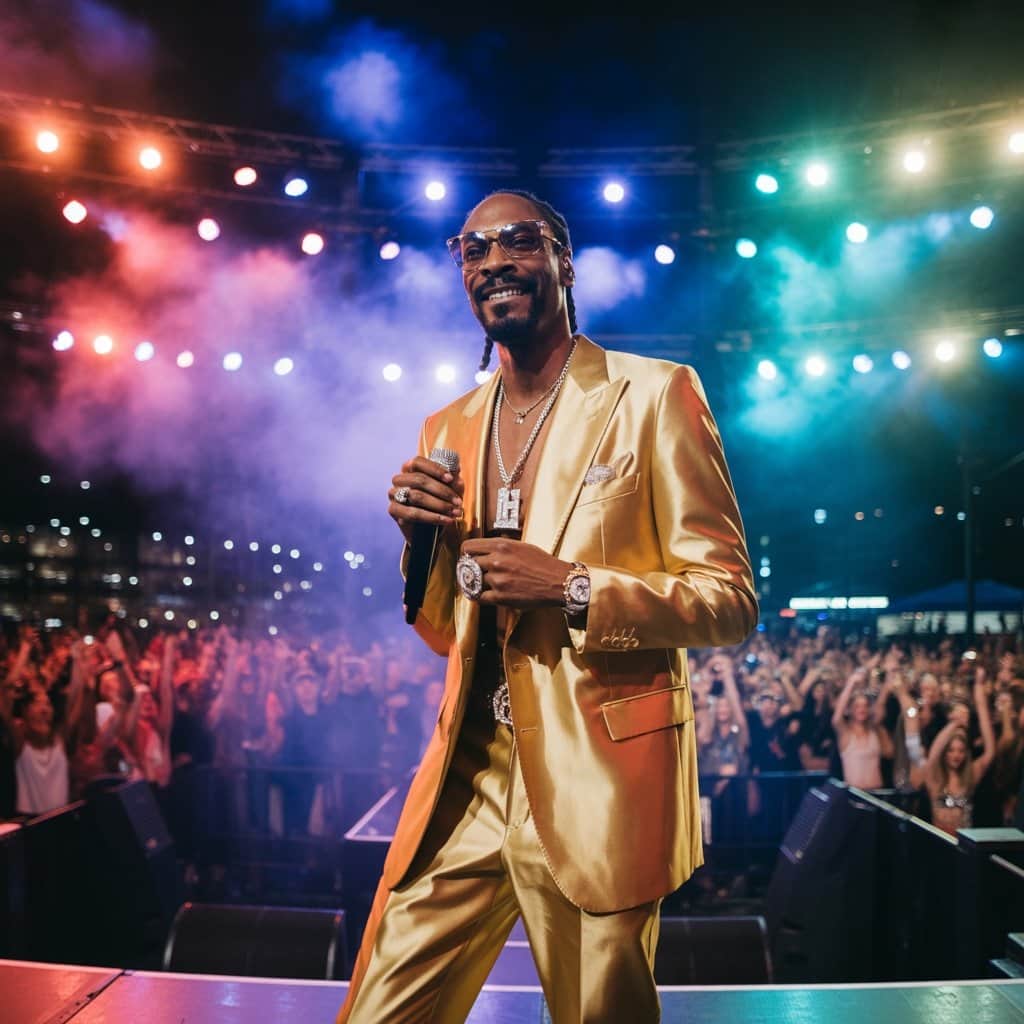 Snoop’s 6’4″ frame gives him natural stage command at live shows Snoop Dogg performing on stage showcasing his tall commanding presence