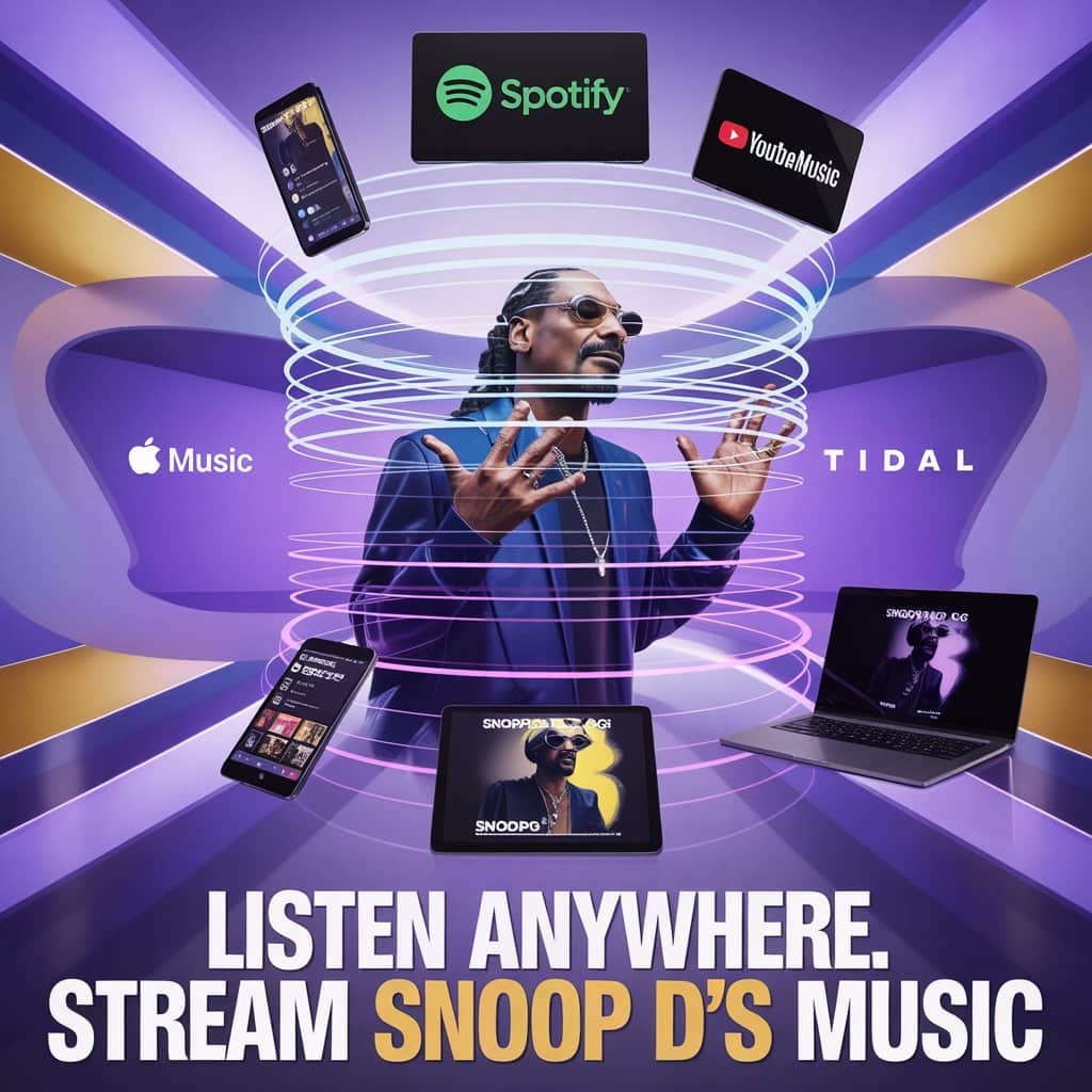 Find Snoop Dogg’s latest releases on all major streaming platforms Multiple streaming platform logos with Snoop Dogg's profile displayed on various devices