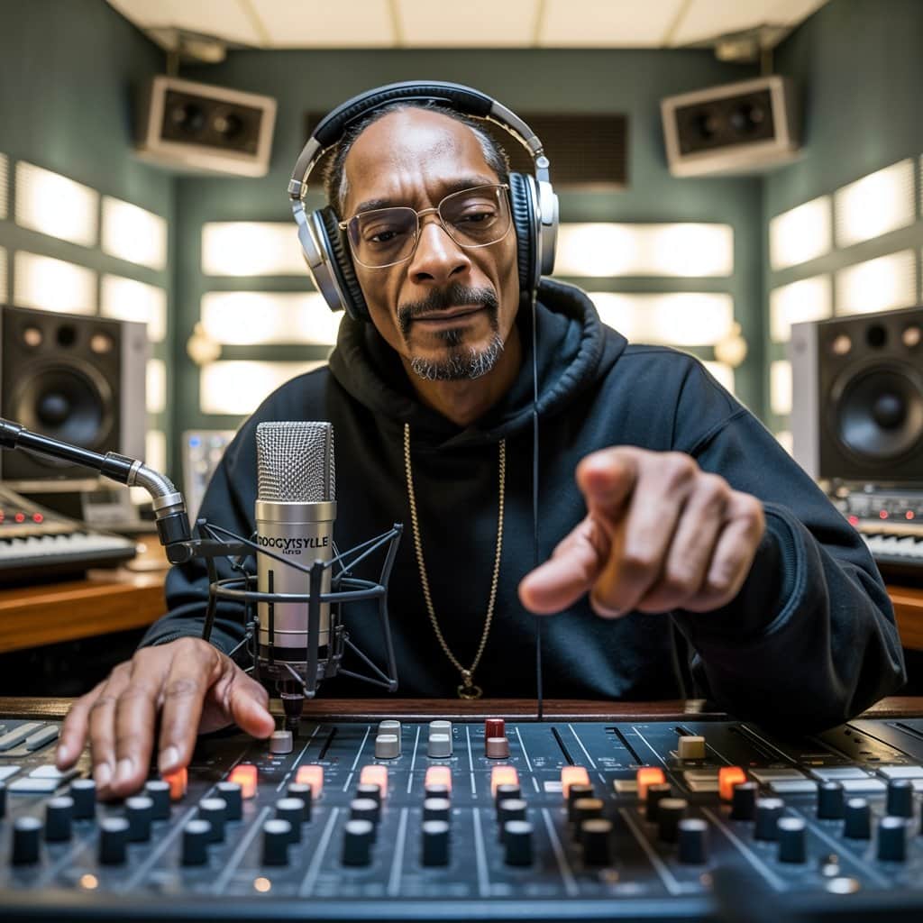 The creative process behind Snoop Dogg’s 2025 musical output Snoop Dogg in a professional recording studio working on new music