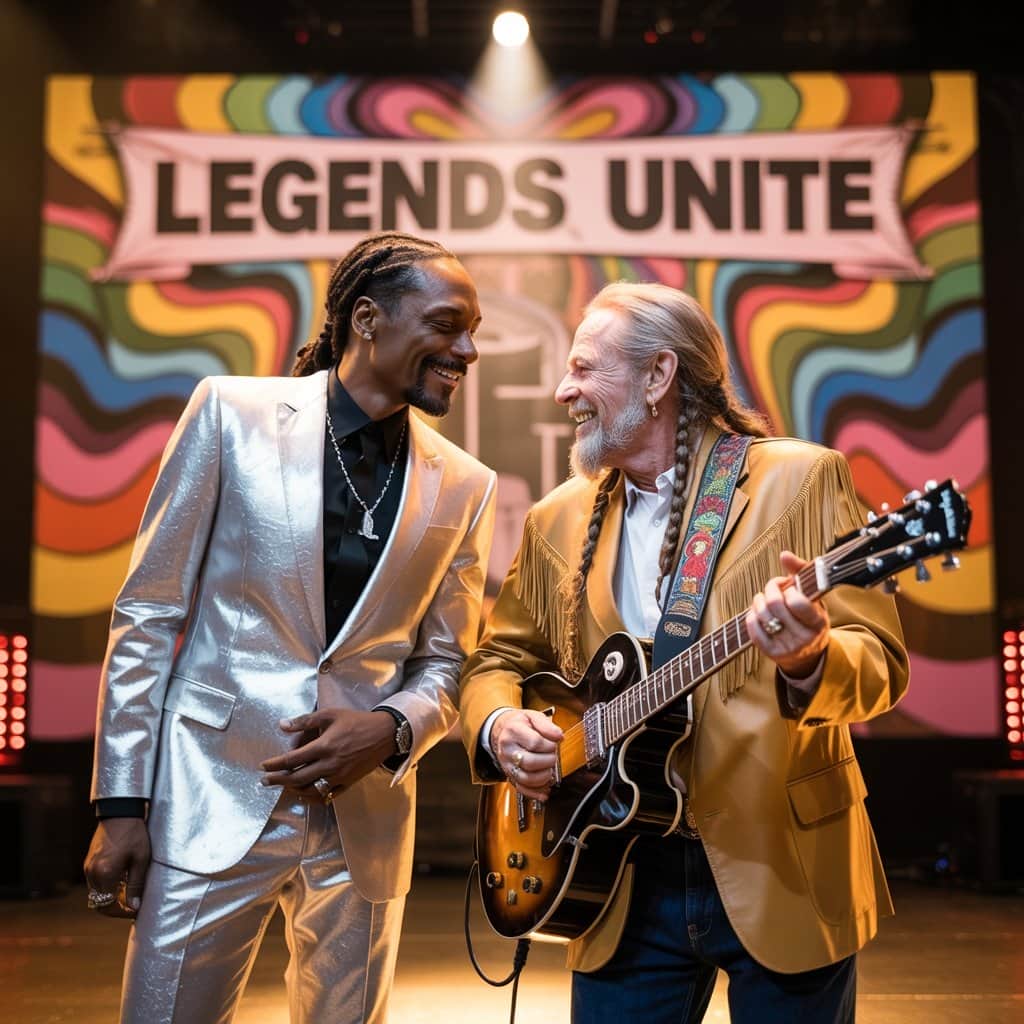 Two legends from different genres creating musical magic together Snoop Dogg and Willie Nelson performing together on stage