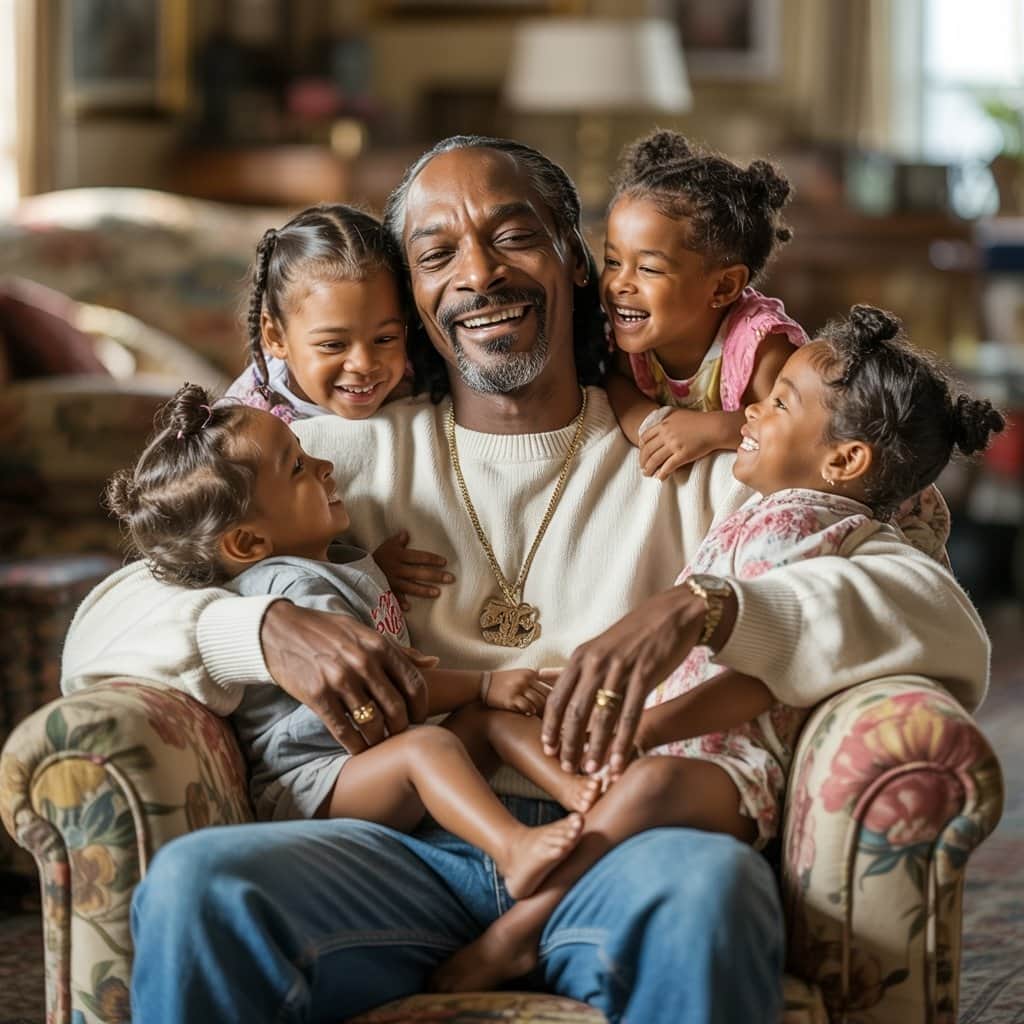 The Doggfather with some of his beloved grandchildren Snoop Dogg with several of his grandchildren in a family photo