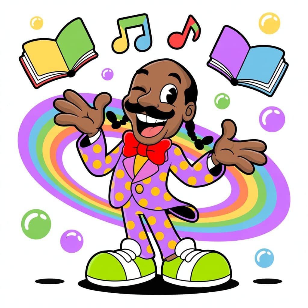 Snoop Dogg as his animated alter-ego Bow Wizzle on Doggyland Snoop Dogg in colorful animation style from his children's content series