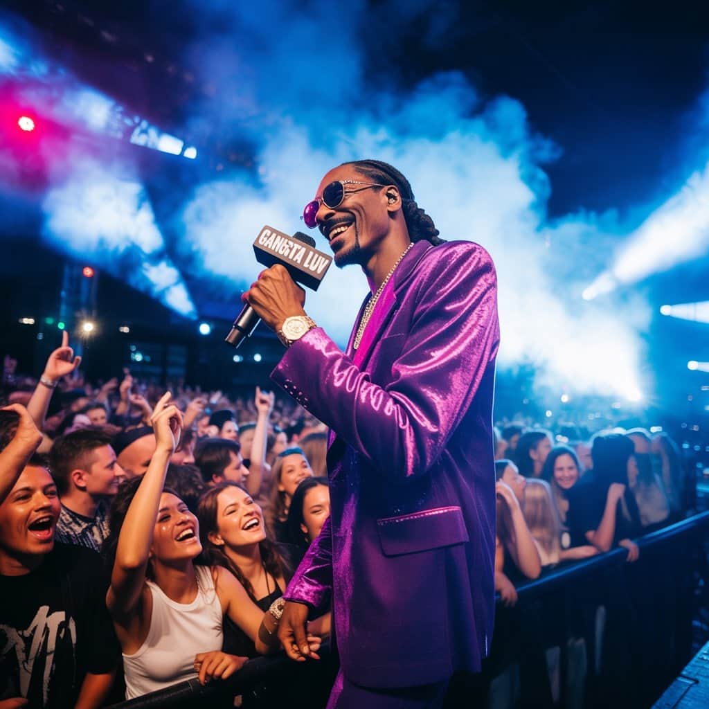Fans celebrating during a “Gangsta Luv” performance Fans reacting to Snoop Dogg performing Gangsta Luv