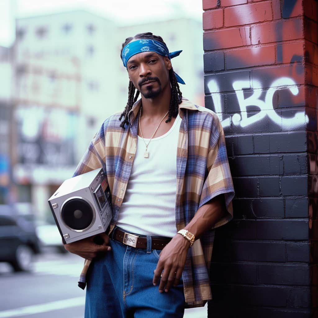 Snoop in his iconic early 90s style during the height of Doggystyle’s success Young Snoop Dogg during the Gin and Juice music video era in 1993