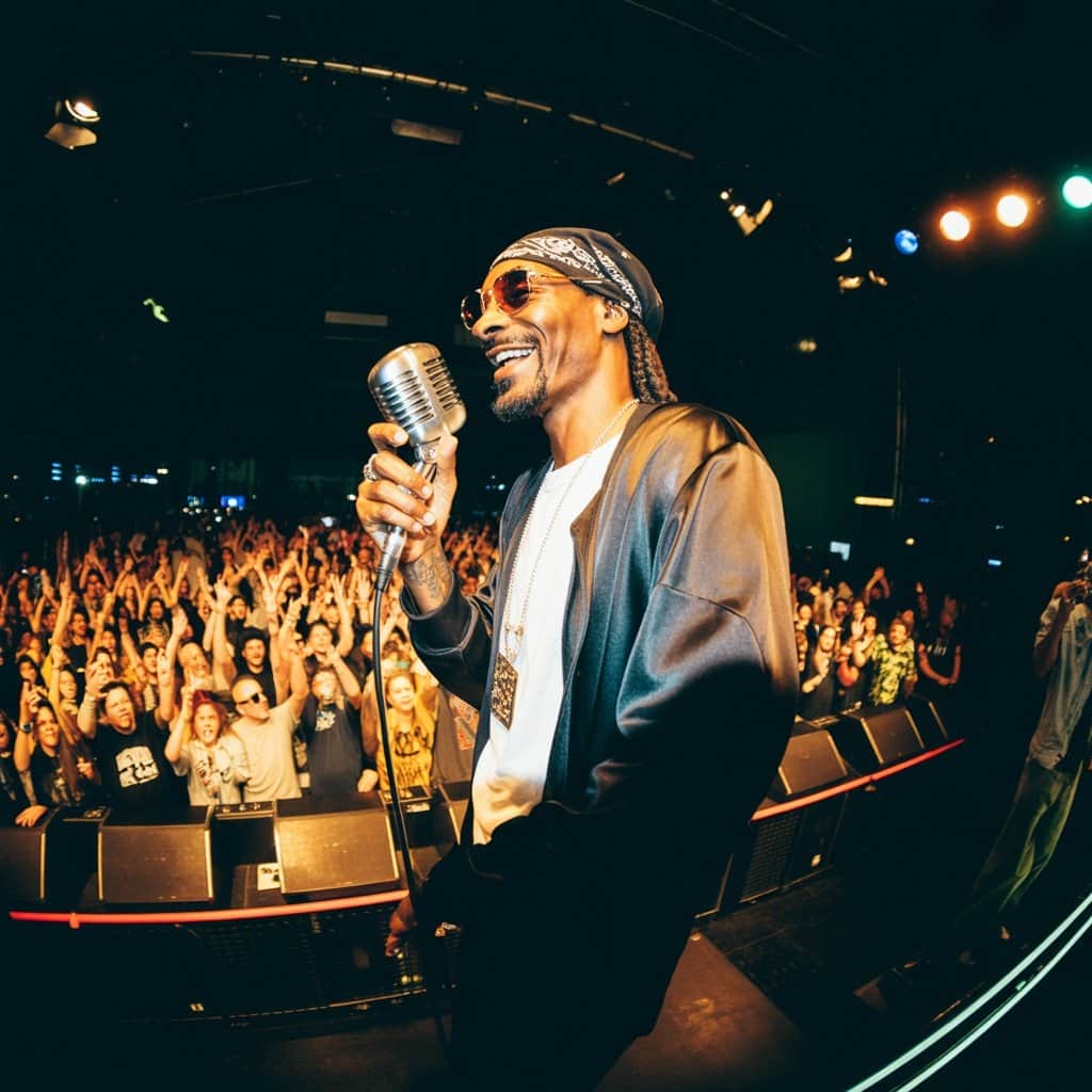 The Doggfather performing one of his classic tracks for fans Snoop Dogg performing "Lay Low" during a live concert