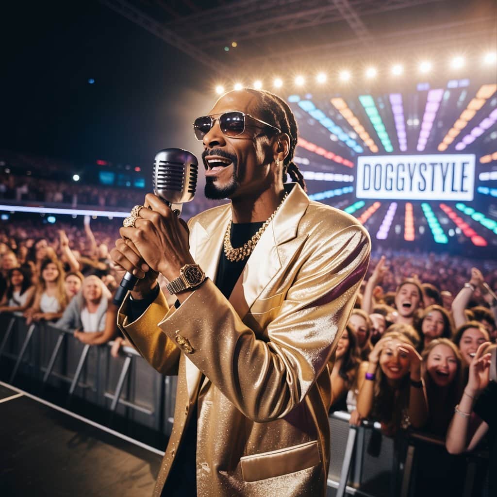 Snoop Dogg performing on stage with his signature style