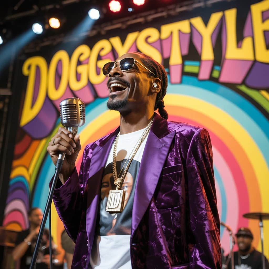 Snoop Dogg captivating fans during a recent performance Snoop Dogg performing on stage with iconic style