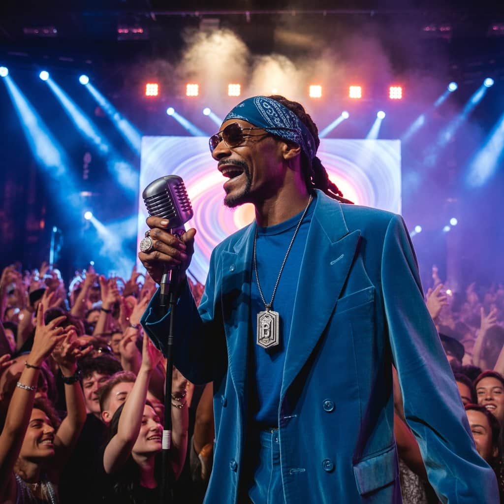 Snoop Dogg bringing his iconic flow to life during a performance Snoop Dogg performing on stage with microphone during a concert