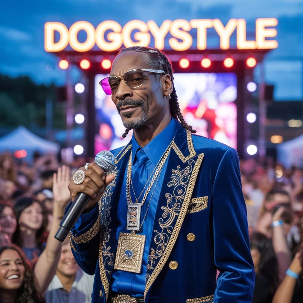 Snoop Dogg performing live on stage with his signature style