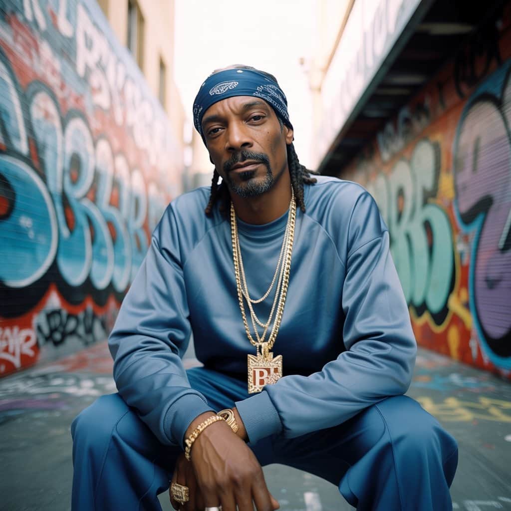 Snoop’s distinctive style helped define West Coast hip-hop aesthetics Snoop Dogg in his signature West Coast style with bandana and jewelry