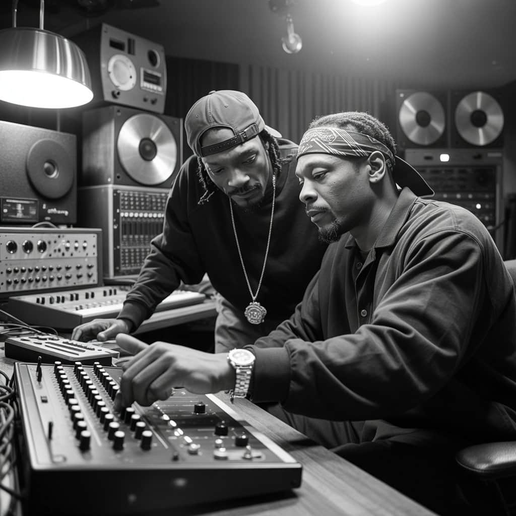 Snoop Dogg and Dr. Dre during the groundbreaking Death Row Records era Snoop Dogg and Dr. Dre in the recording studio during the Doggystyle era