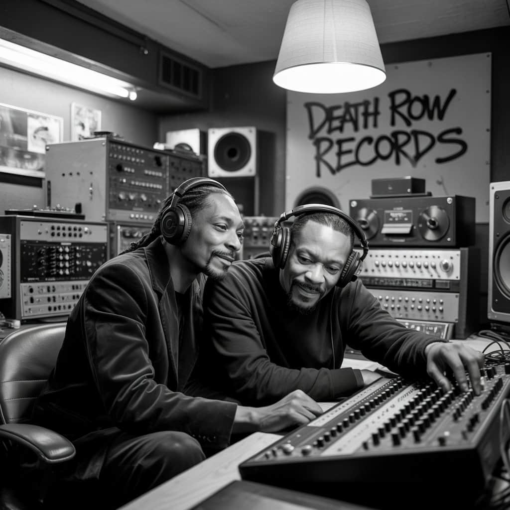 Snoop Dogg and Dr. Dre in recording studio for Doggystyle