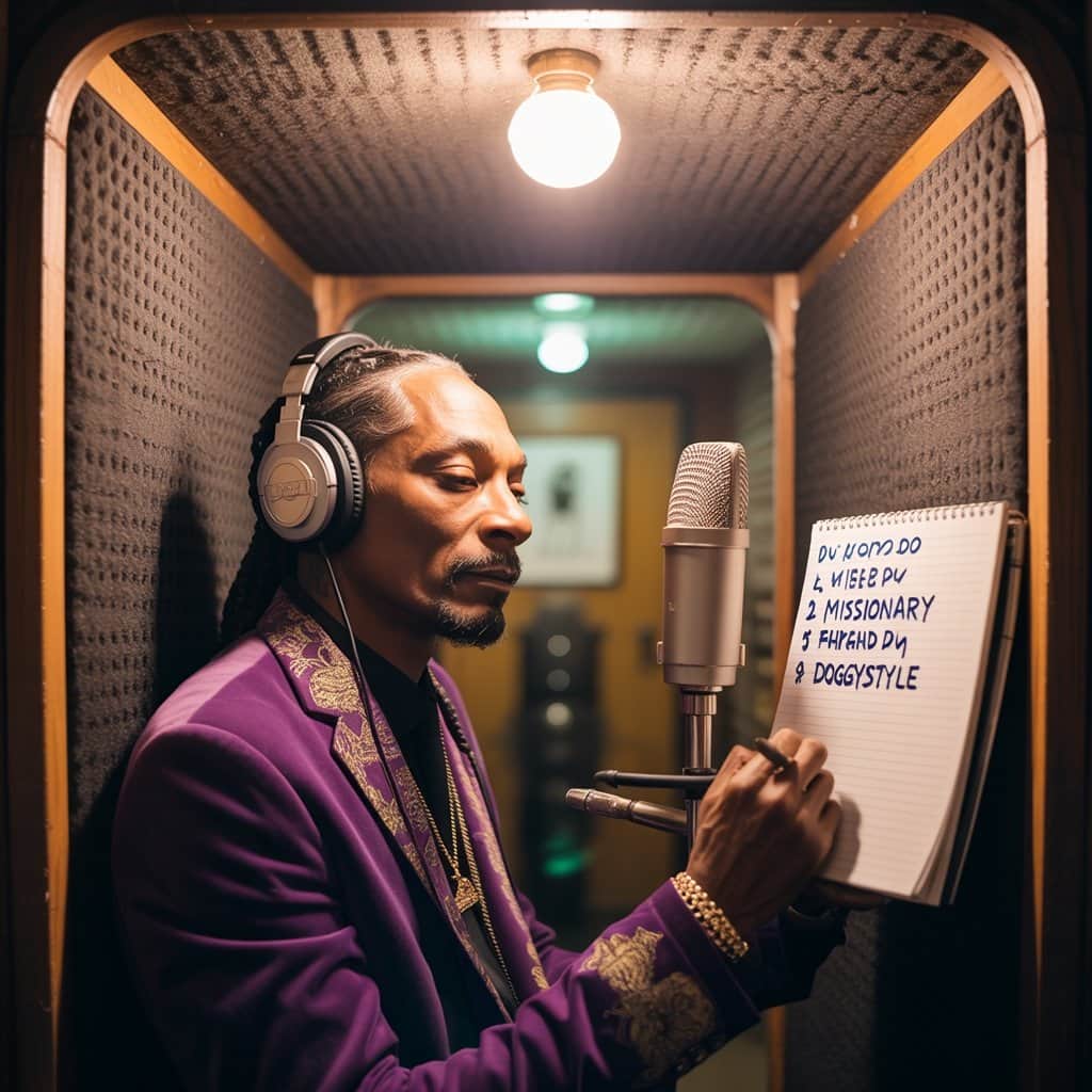 Snoop Dogg crafting verses during a freestyle session for “Missionary” Snoop Dogg in the recording booth during a freestyle session