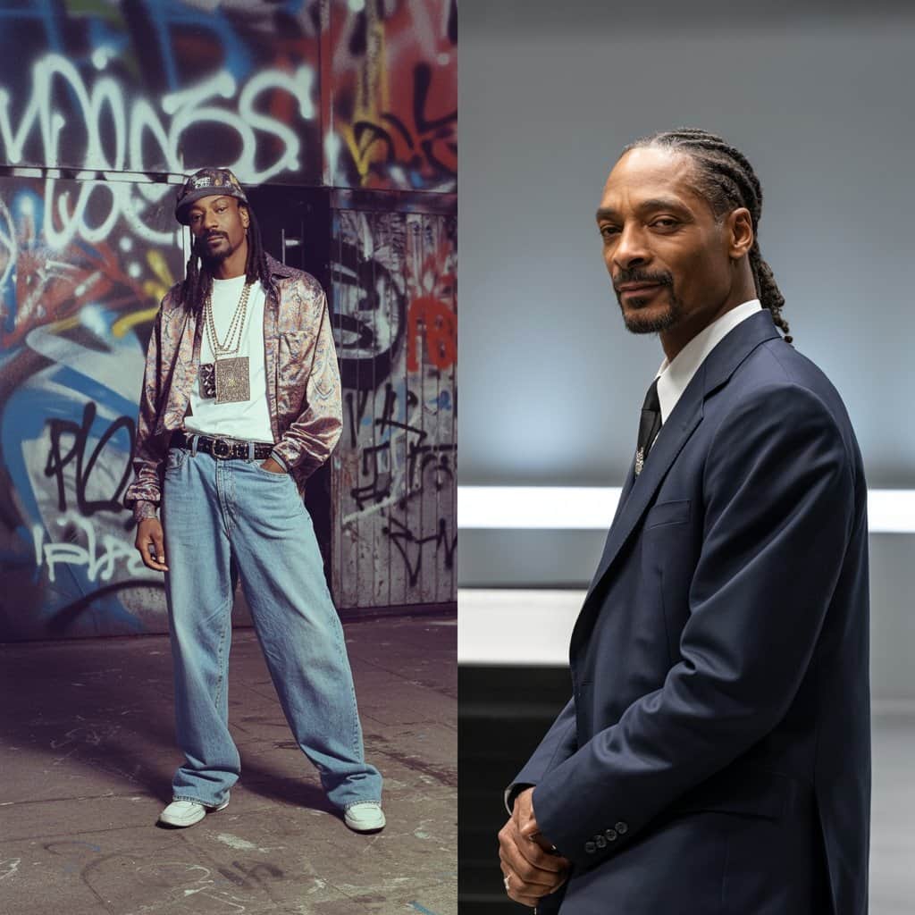 Snoop Dogg’s transformation from Doggystyle era (1993) to cultural icon (present) Comparison of Snoop Dogg in the Doggystyle era and present day