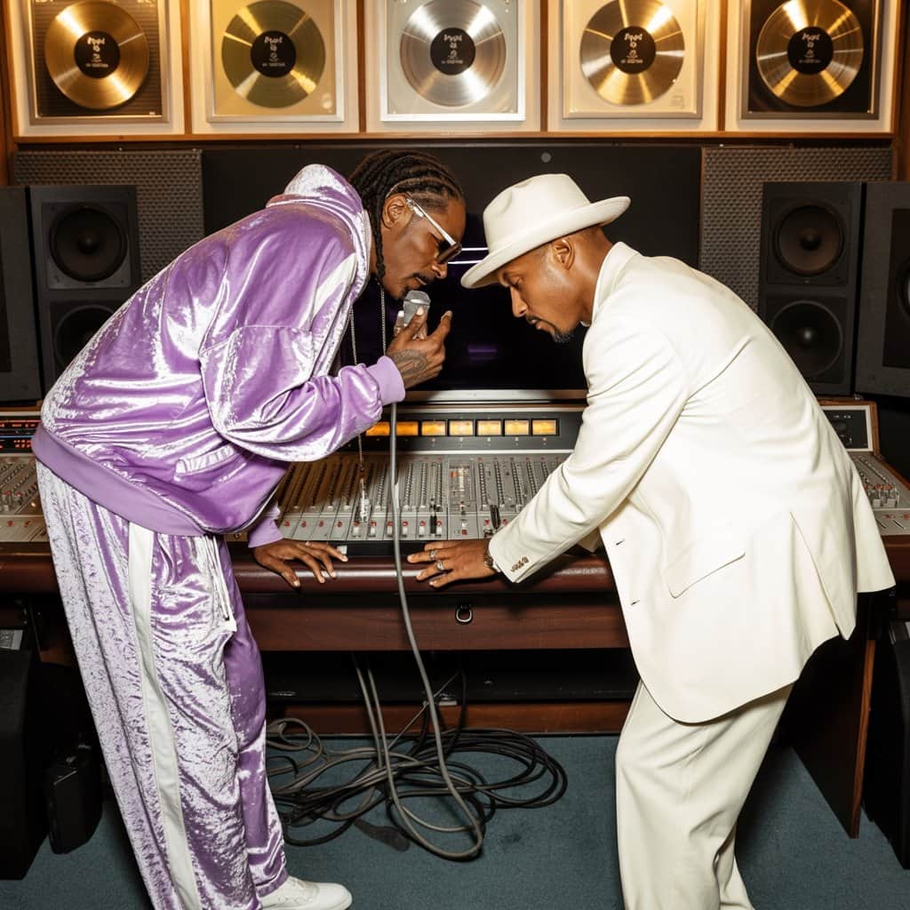 Snoop Dogg and Pharrell Williams collaborating in the studio (2004) Snoop Dogg in the studio with Pharrell Williams during R&G recording sessions