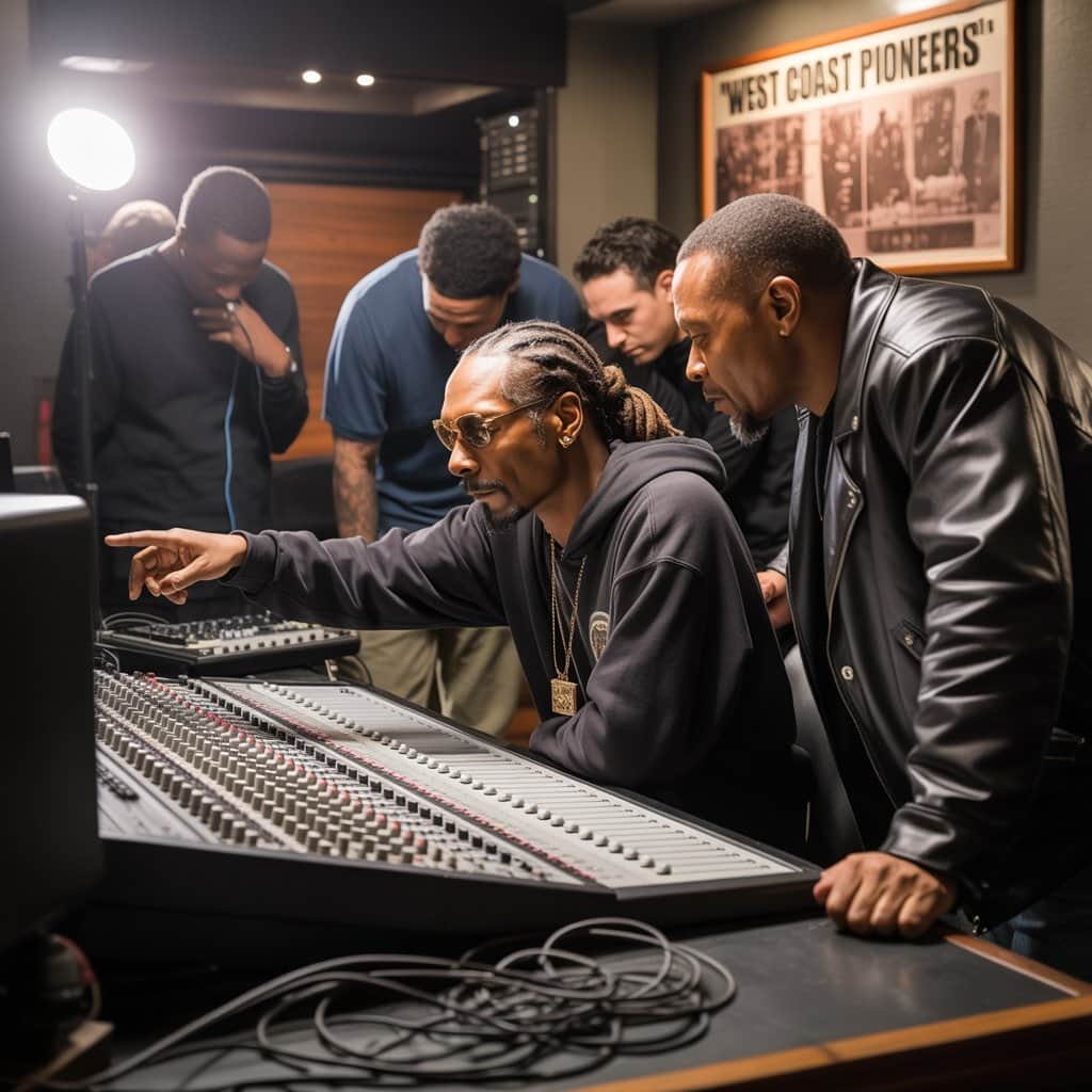 Snoop Dogg in recording studio with producers