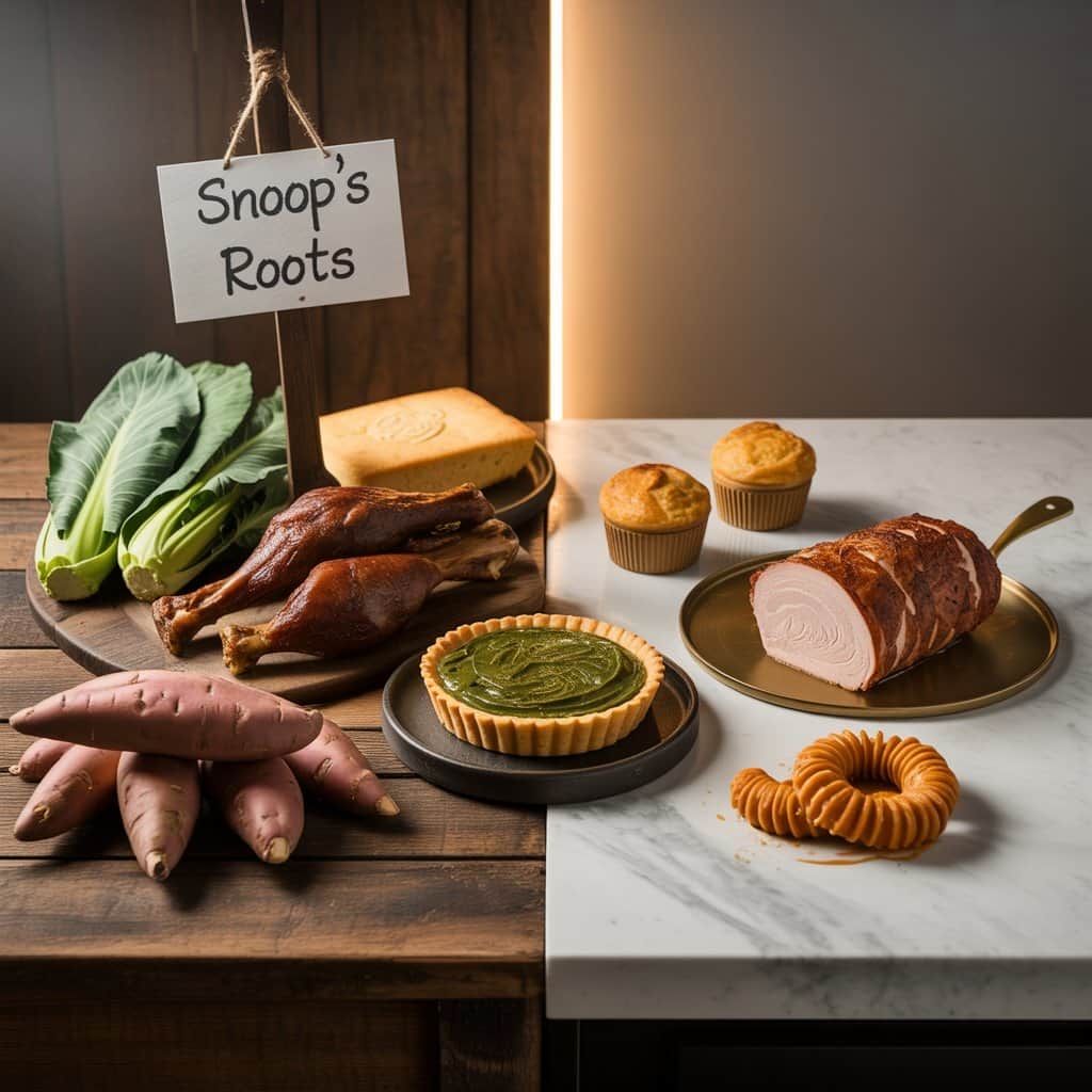 Snoop’s philosophy combines authentic soul food with contemporary culinary approaches Traditional soul food ingredients being prepared with modern cooking techniques