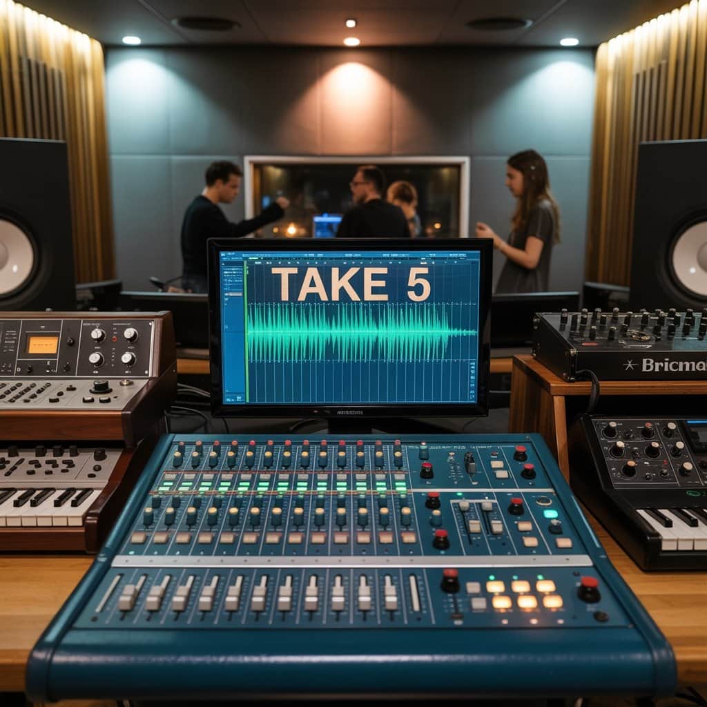Professional recording studio setup showing vocal booth and mixing equipment