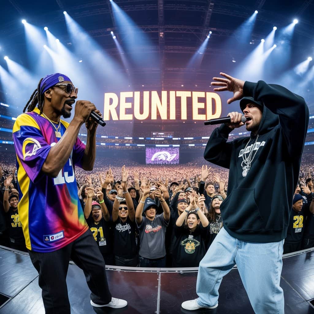Hip-hop legends unite on music’s biggest stage Snoop Dogg and Eminem performing together at Super Bowl LVI halftime show
