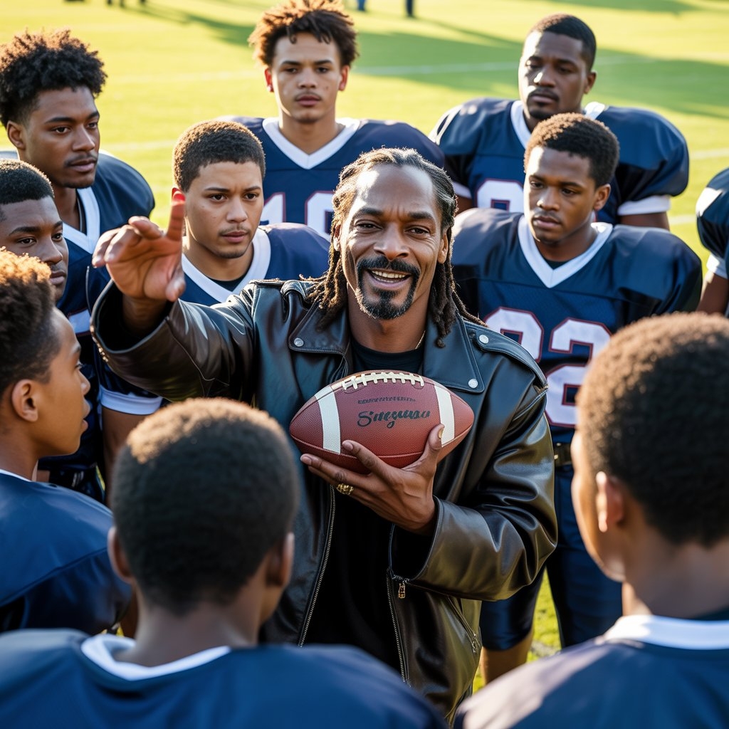 Snoop Dogg brings authentic coaching energy to his role as Two-J’s in this powerful team moment Scene from The Underdoggs showing Snoop Dogg in a team huddle with young football players