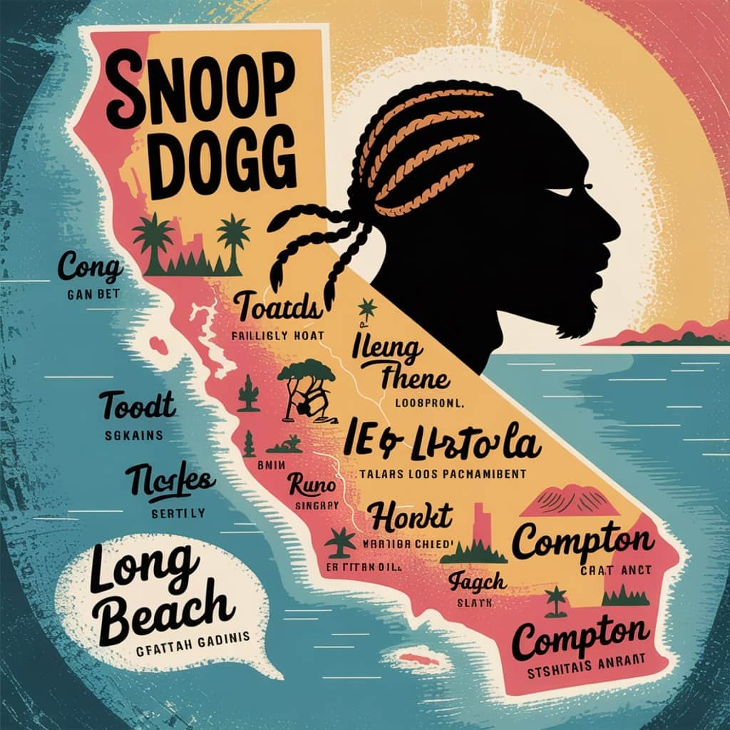 Map of California highlighting Long Beach and West Coast locations mentioned in Snoop Dogg's lyrics