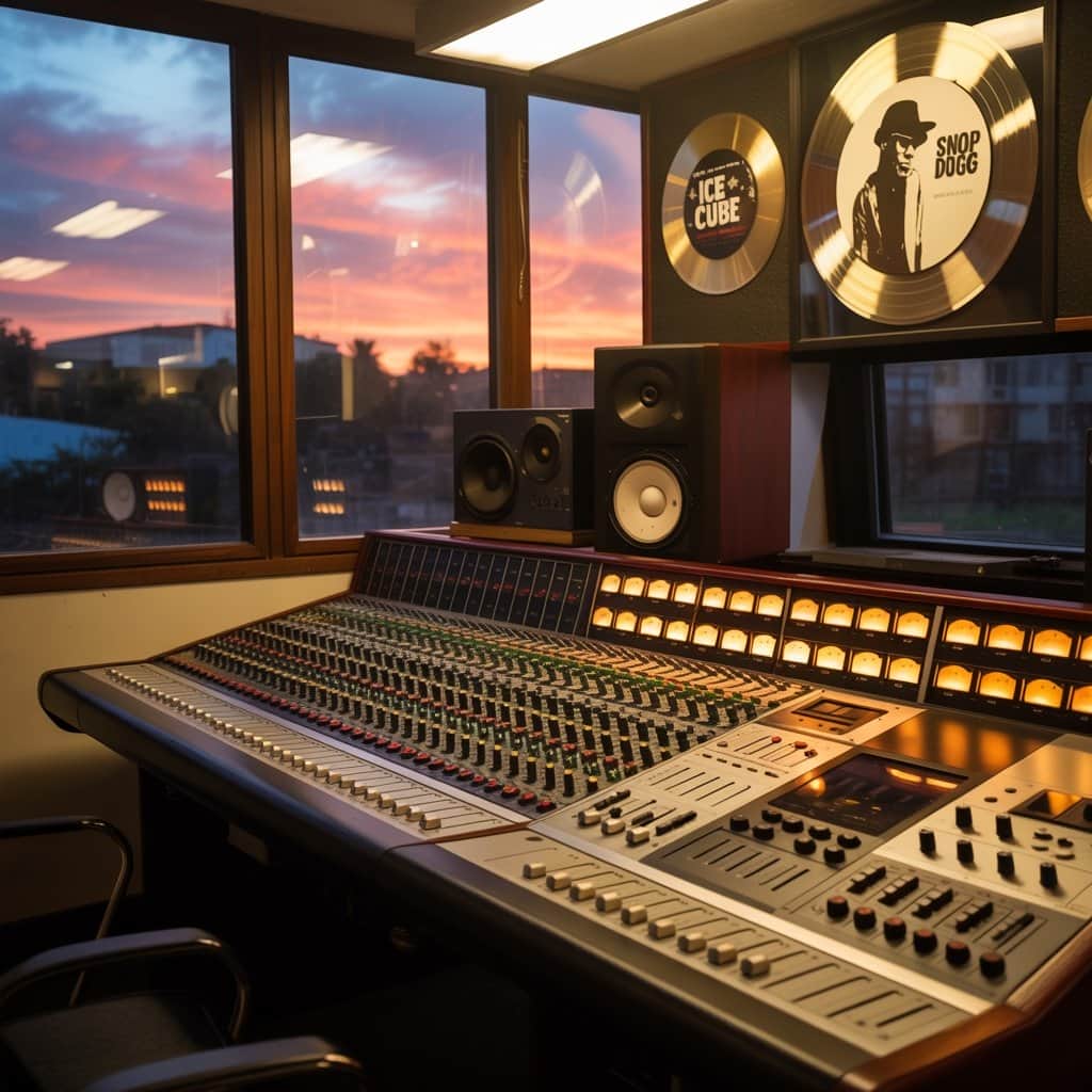 Recording studio setup representing West Coast hip-hop production