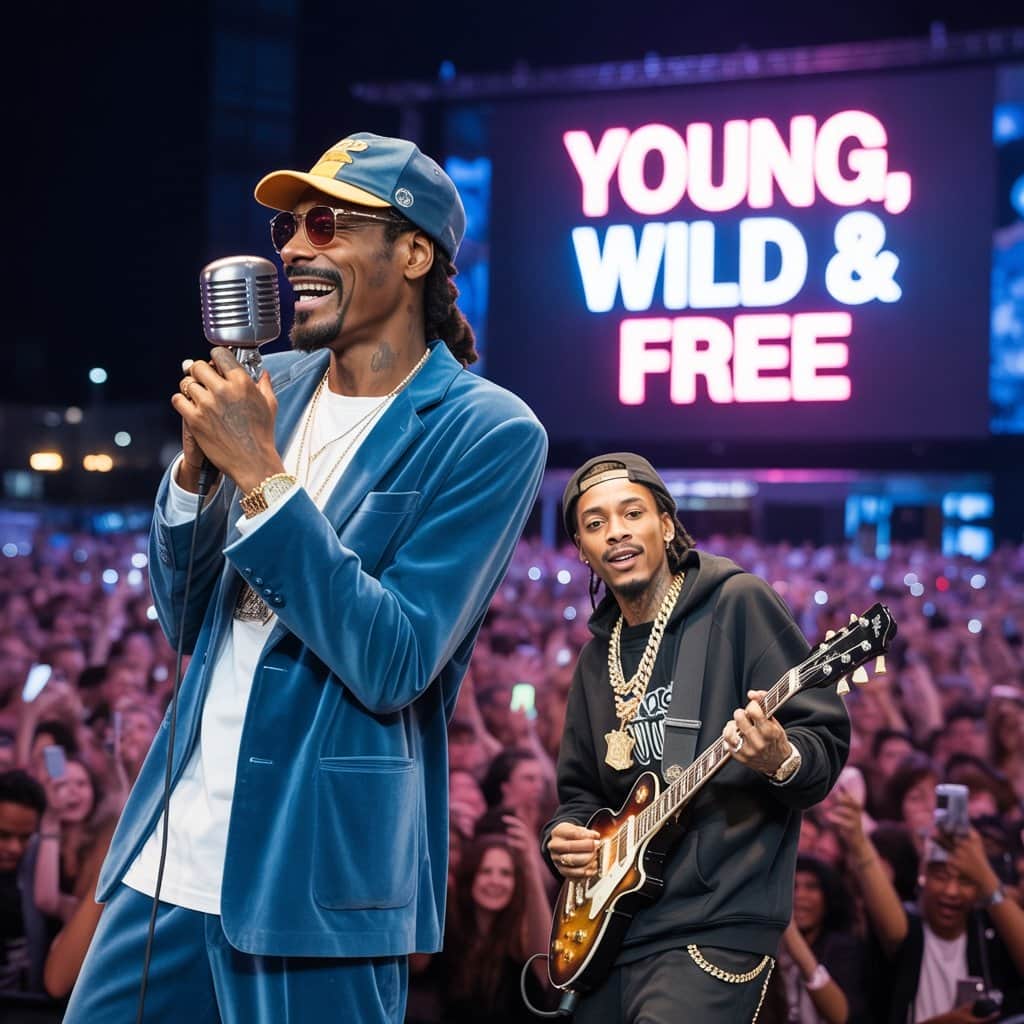 The iconic duo bringing “Young, Wild & Free” to life on stage Snoop Dogg and Wiz Khalifa performing "Young, Wild & Free" on stage