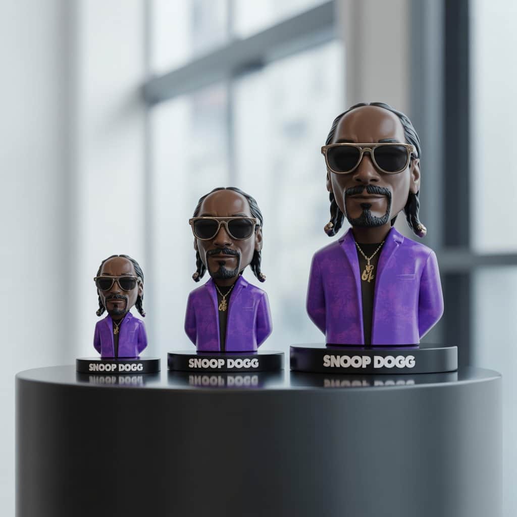 From desktop displays to store centerpieces Size comparison showing 6-inch retail, 3-foot promotional, and 43-inch display versions