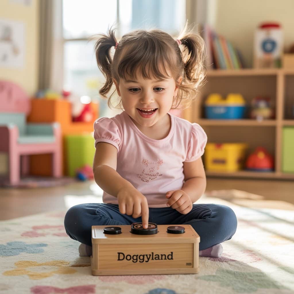 Simple operation empowers children to enjoy educational content independently Confident young child operating Toniebox with Doggyland figure in organized play space
