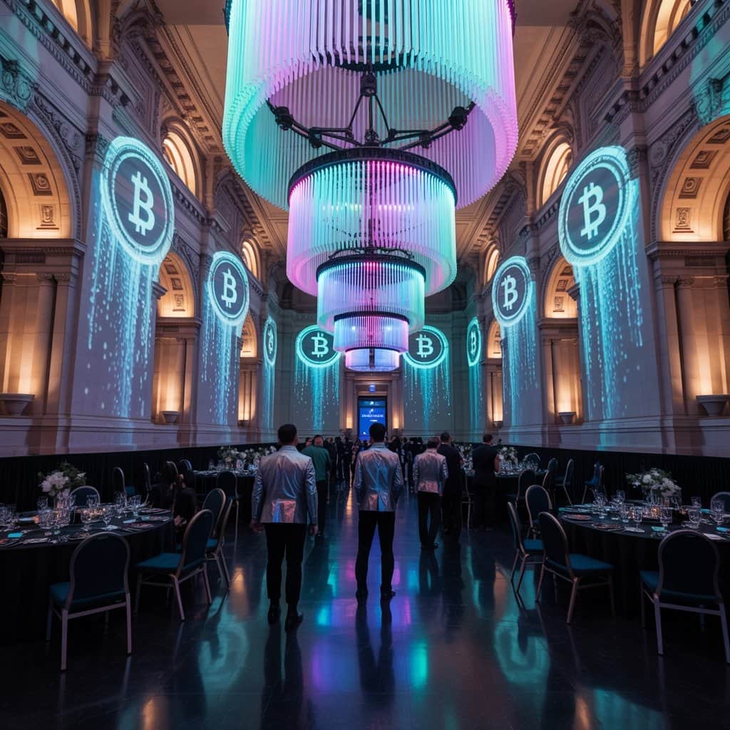Formal atmosphere at the cryptocurrency industry celebration Interior of the Andrew W. Mellon Auditorium with formal attendees
