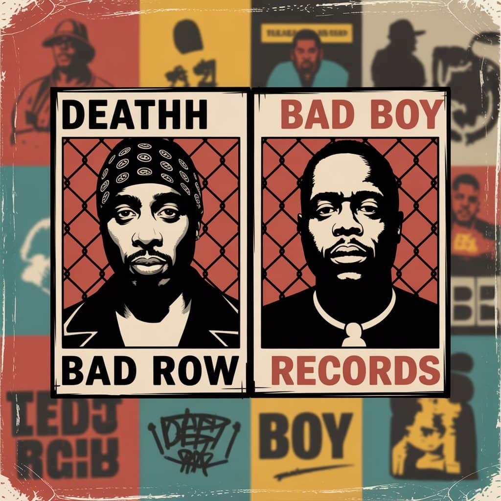 Collage showing Death Row Records and Bad Boy Records logos with Snoop Dogg and Diddy from the 1990s era