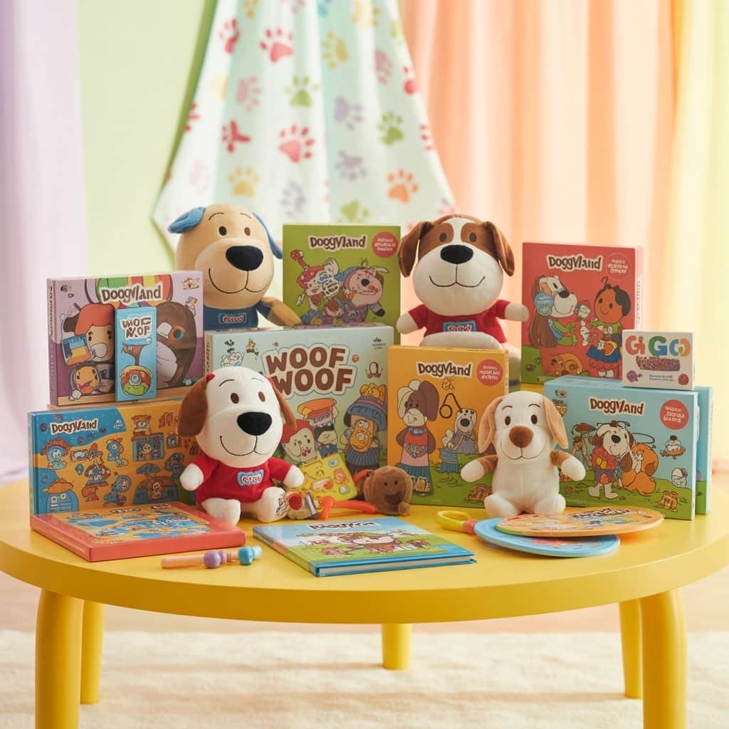 High-quality toys and educational materials extend the learning experience Collection of official Doggyland toys and educational materials