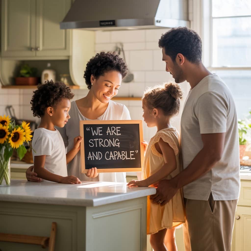 Starting the day with positivity and connection Happy family doing morning affirmations together in kitchen