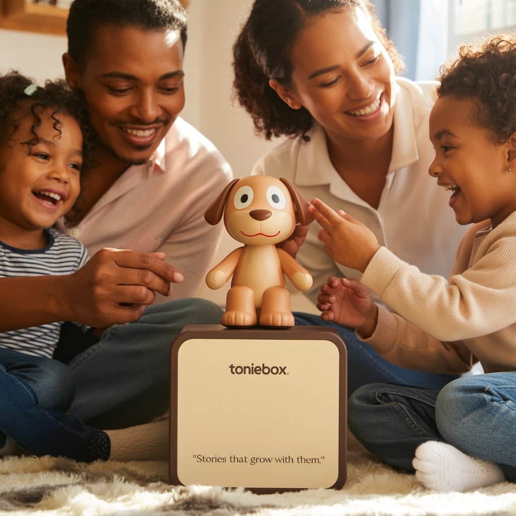 Quality audio content brings families together for shared listening experiences Happy family with parents and children gathered around Toniebox in cozy living room