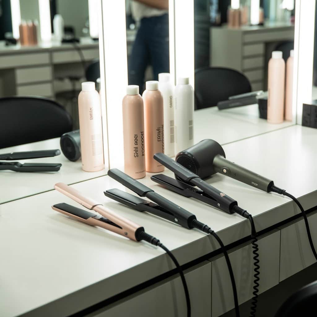 Essential tools for achieving straight hair transformations Professional hair straightening equipment and products on salon station