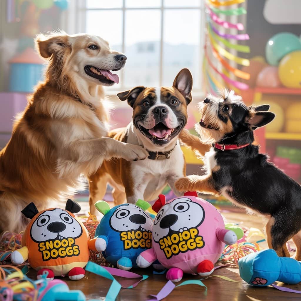 Customer testimonials show consistent satisfaction across all dog breeds and sizes Multiple dogs of different breeds enjoying Snoop Dogg dog toys