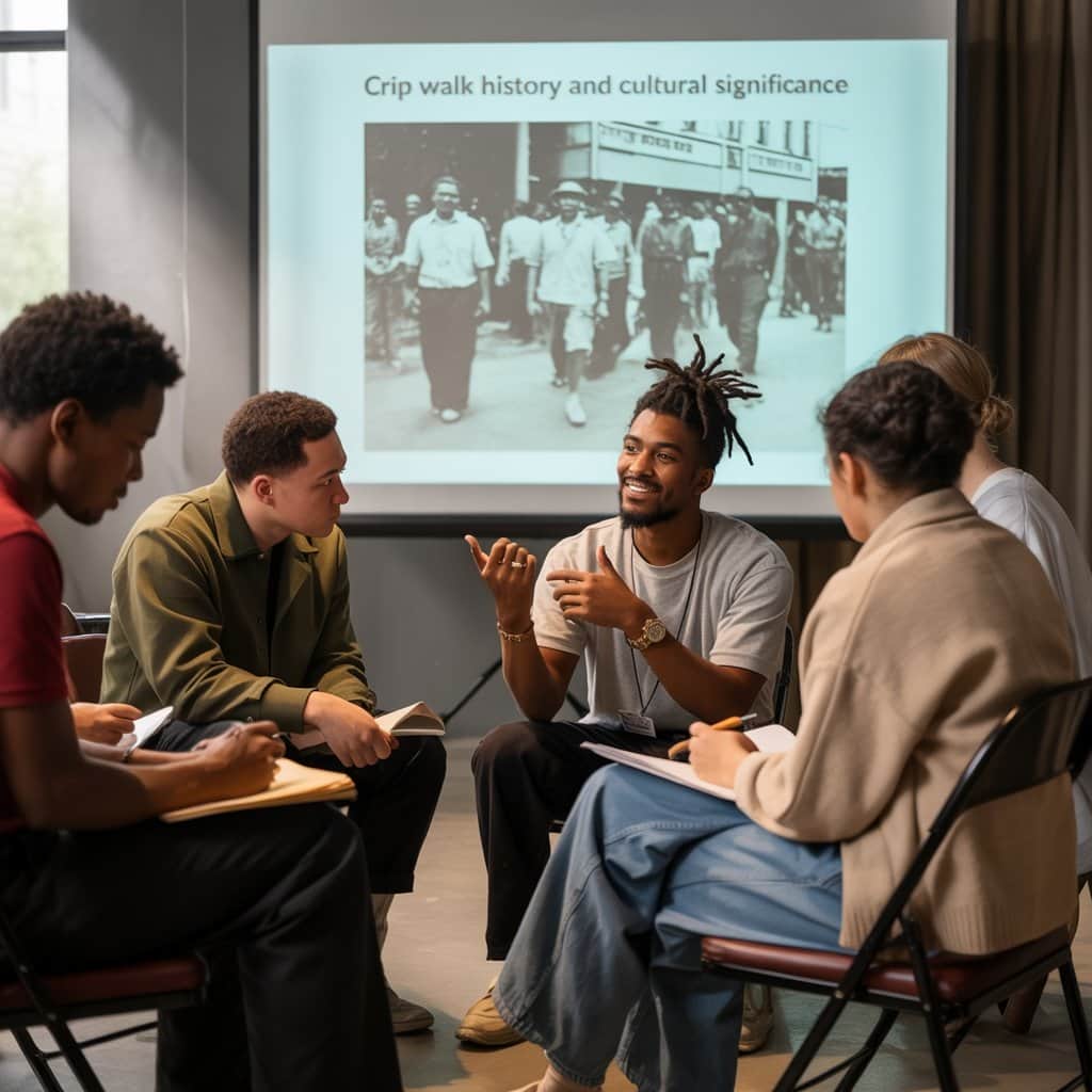 New generations learning authentic cultural context Community workshop teaching Crip Walk cultural history