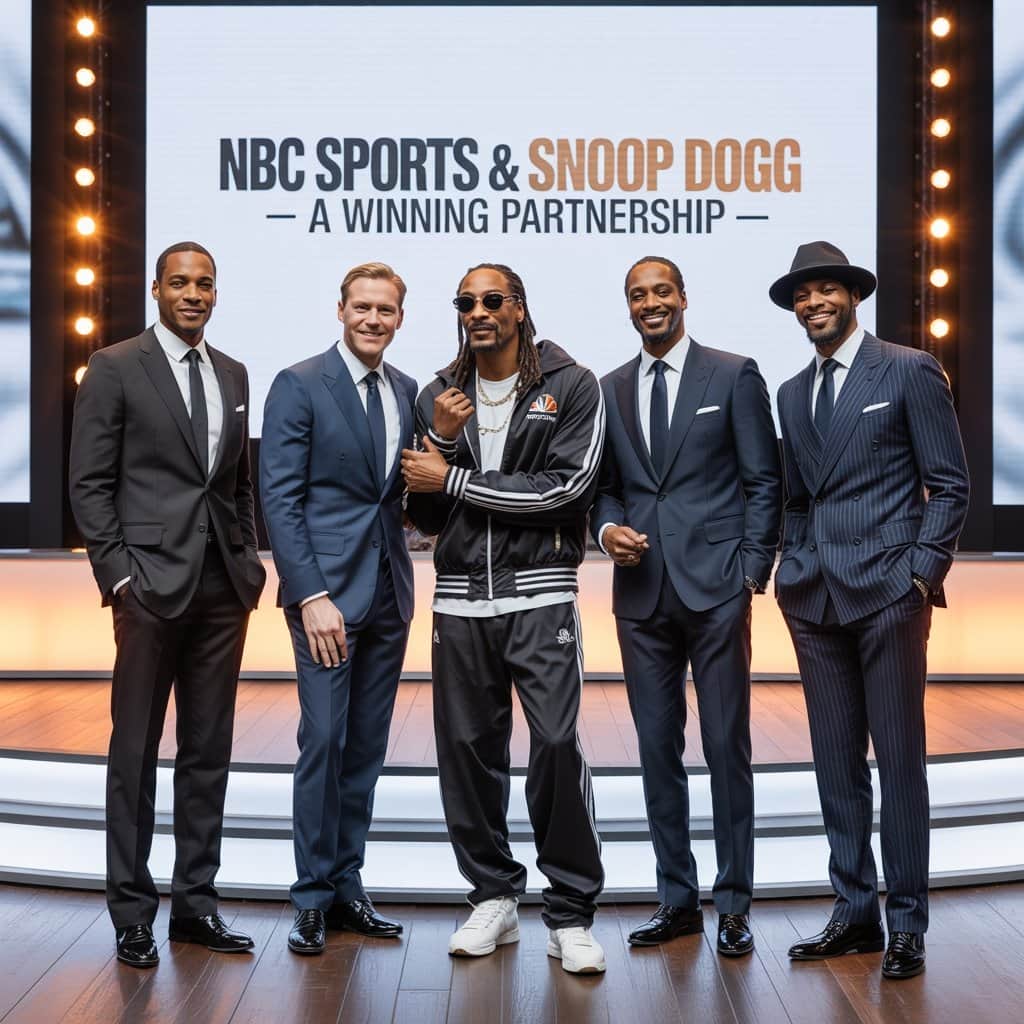 Historic collaboration between NBC Sports and Snoop Dogg NBC executives and Snoop Dogg during partnership announcement