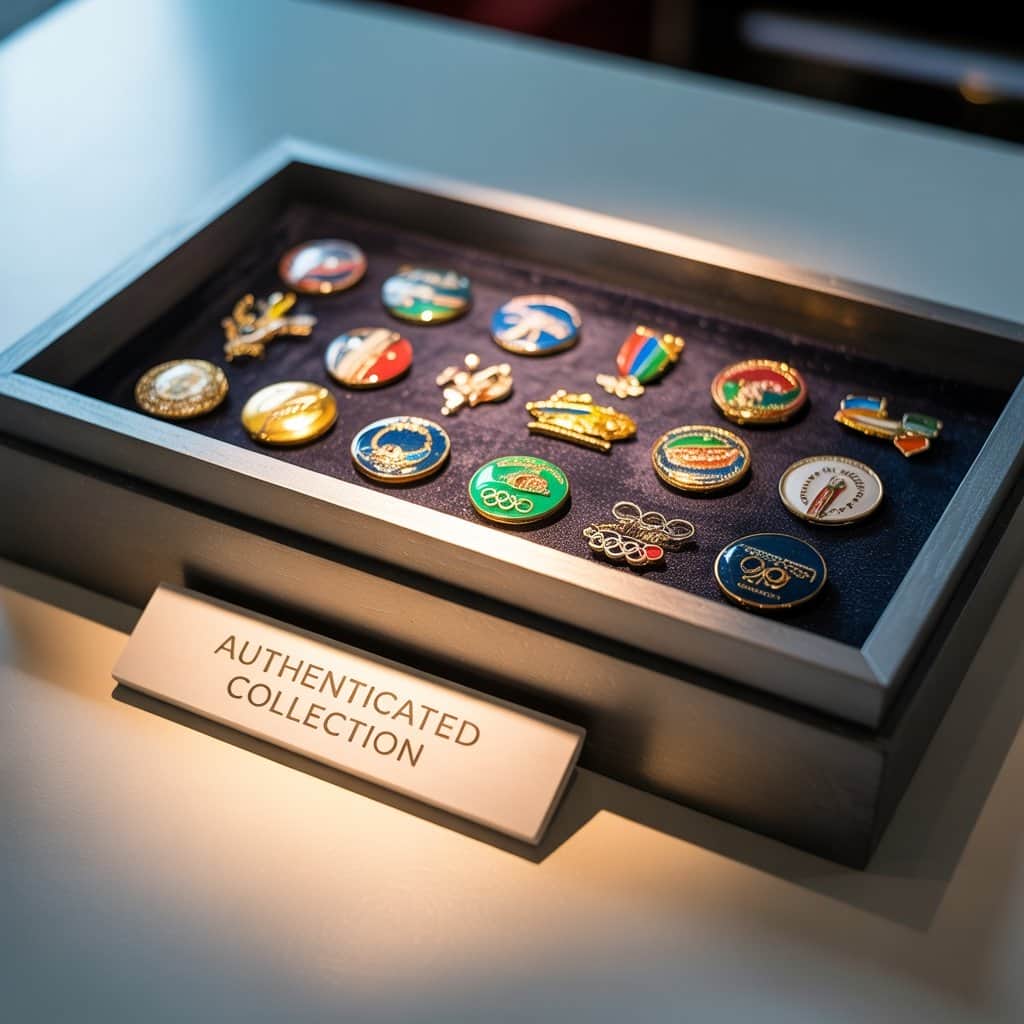 Understanding the collector market helps identify authentic pins Various Olympic pins displayed showing authentication features
