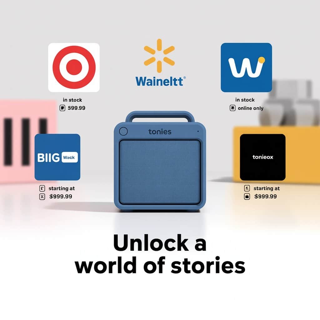 Multiple reliable retailers offer the official Doggyland Tonie with customer support Professional layout showing trusted retailer logos and purchase information