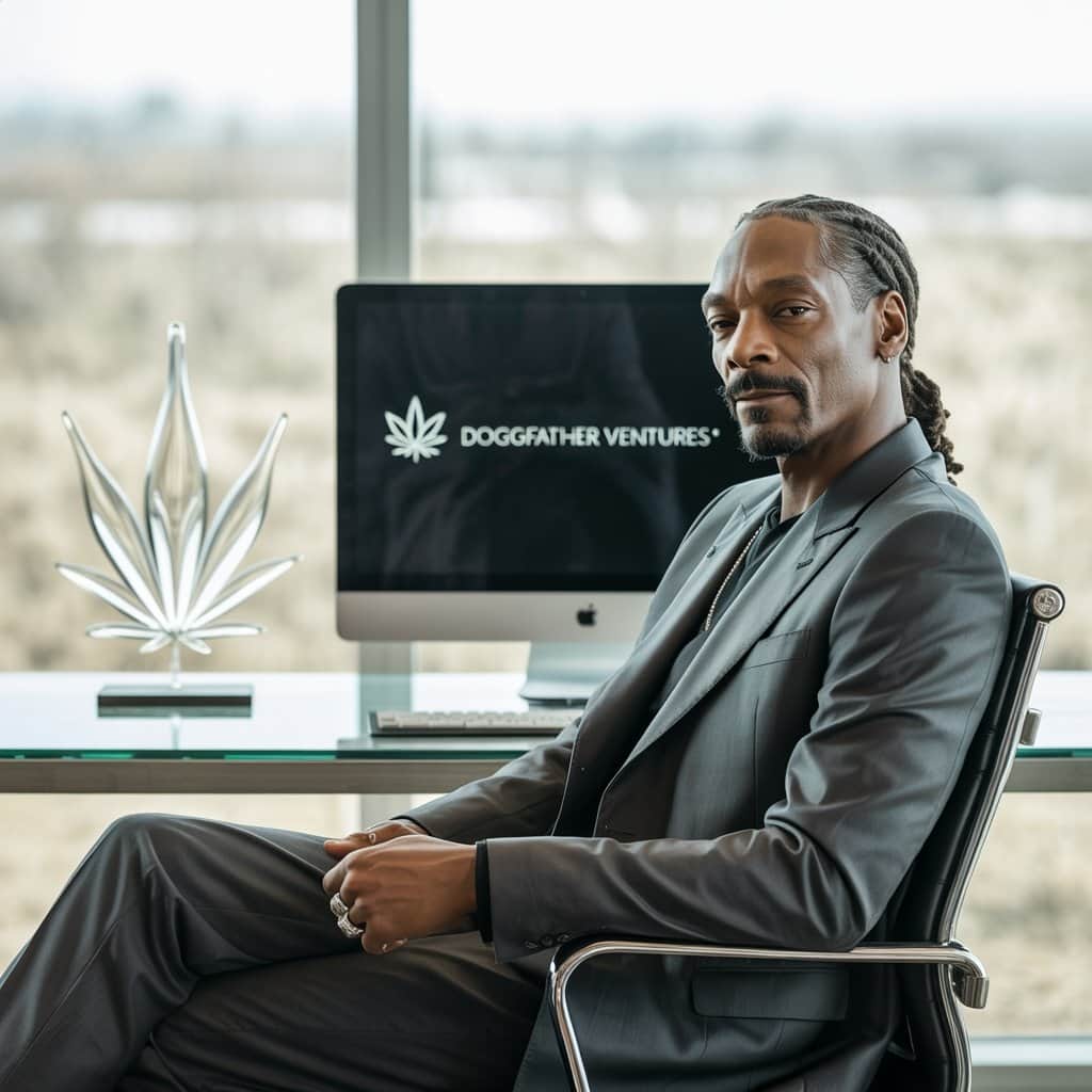 Building a business empire around cannabis culture and advocacy Snoop Dogg with cannabis business products and investment imagery