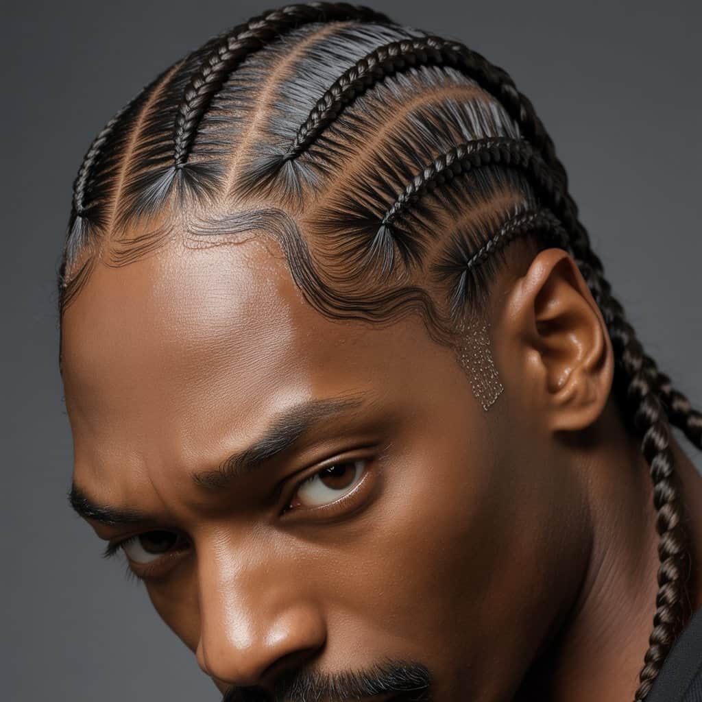 The meticulous craftsmanship behind Snoop’s signature cornrow patterns Close-up view of Snoop Dogg's precision cornrow braiding technique