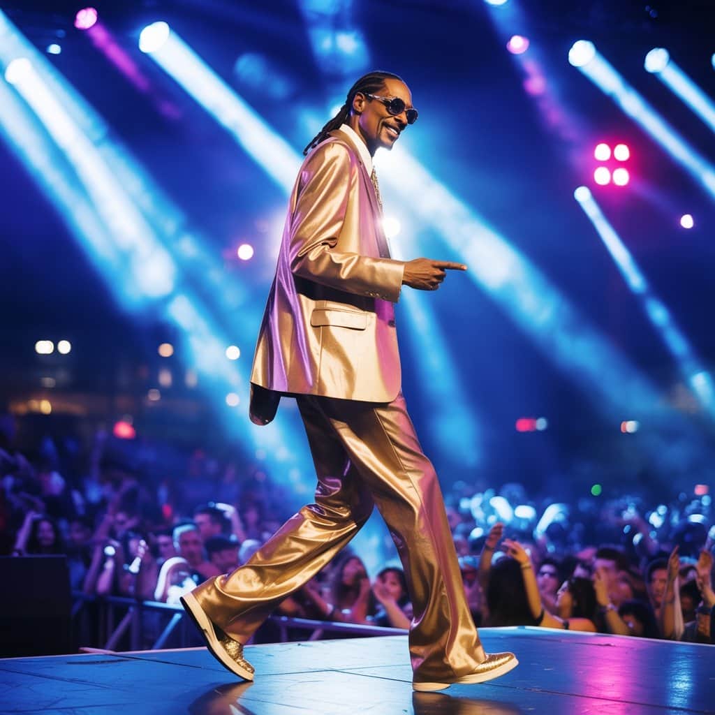 Snoop Dogg performing the Crip Walk on stage with dramatic lighting
