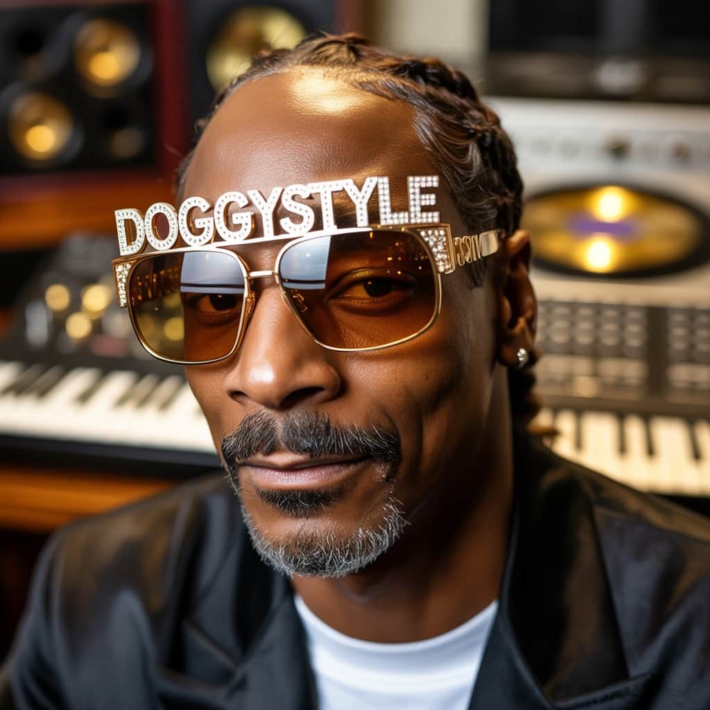 Snoop Dogg wearing custom luxury sunglasses with unique design elements