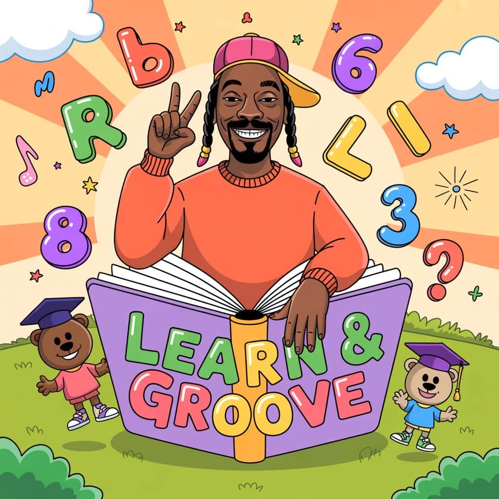 The Doggfather brings positivity to children’s entertainment Snoop Dogg in colorful children's show setting with positive affirmation graphics