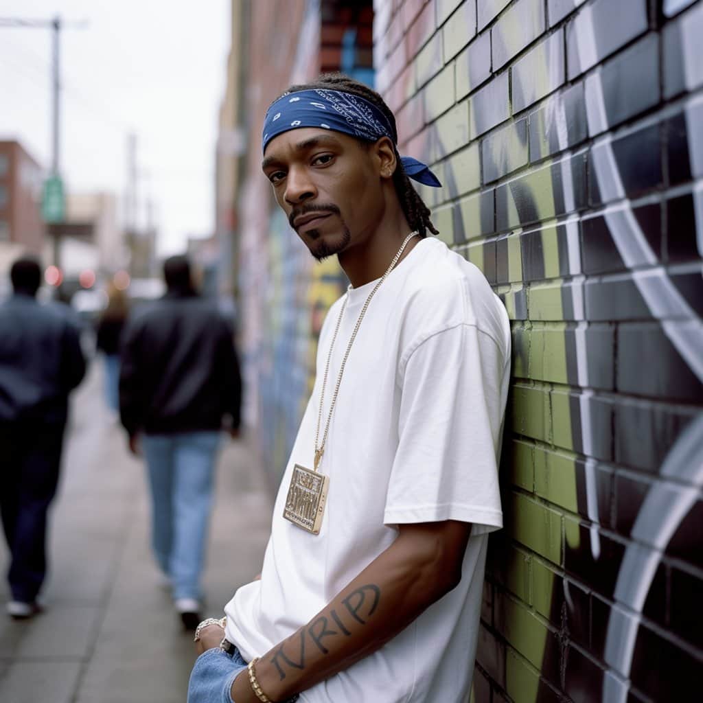 Snoop Dogg during his Death Row Records era, when gang affiliation was prominently featured Snoop Dogg in the early 1990s wearing blue bandana during Death Row Records era