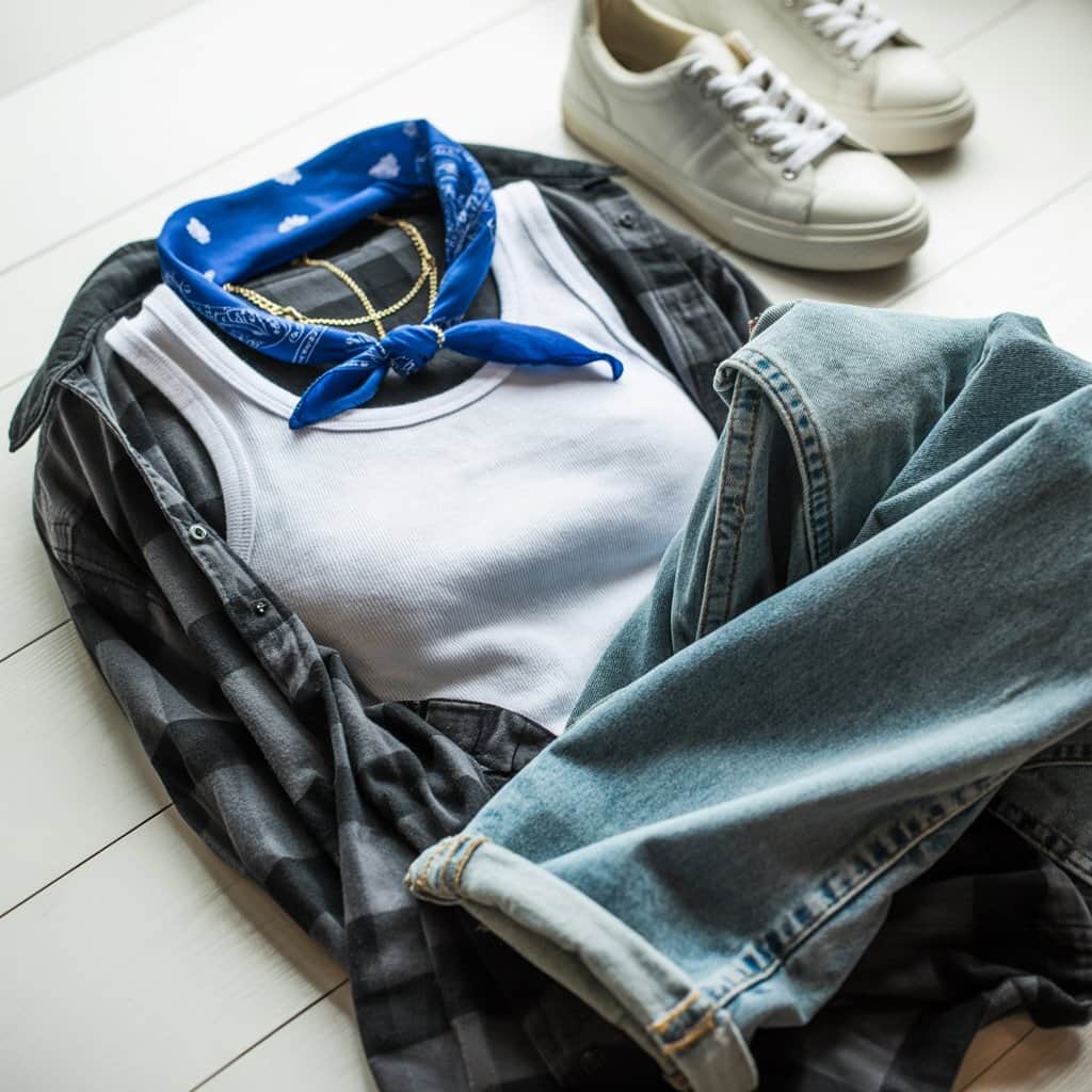 Essential pieces to build your authentic West Coast inspired wardrobe Flat lay of essential Snoop Dogg style wardrobe pieces including flannel shirt, bandana, and sneakers