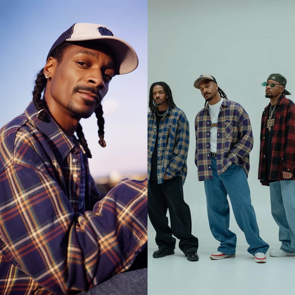 From 90s icon to modern inspiration Split image showing young Snoop Dogg's 90s style alongside modern fashion inspired by his aesthetic