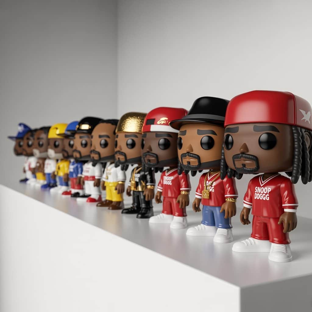 Complete collection of Snoop Dogg Funko Pop figures displayed on wooden shelf